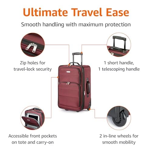 Amazon Basics 2-Piece Luggage Set, Expandable Cabin Suitcase (58 cm) and Tote Bag (25 cm), Soft Shell Suitcase with Wheels, Lightweight Polyester, Red, for Travel Work Weekend Breaks — view 3