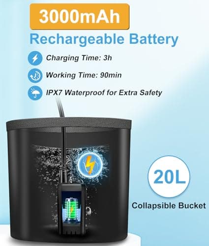 WADEO Portable Camping Shower, [20L Collapsible Bucket] [3000mAh] Rechargeable Battery Shower Pump, Outdoor Shower Kit for Beach, Pet, Travel, Car — view 6