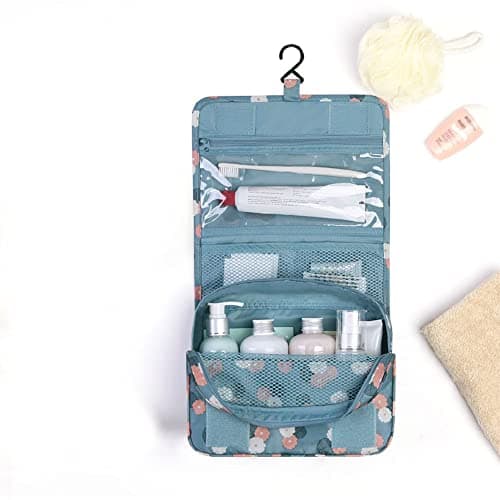 Travel Hanging Toiletry Wash Bag Makeup Cosmetic Organizer Hanging Toiletry Bags for Women, Waterproof Multifunctional Cosmetics Storage Bag for Girls Men (Blue Flowers) — view 5