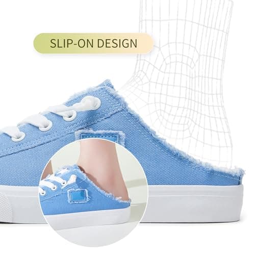 BENPAO Women's Mules Slip on Sneakers White Canvas Shoes Loafers, Denim Blue, 5 UK — view 5