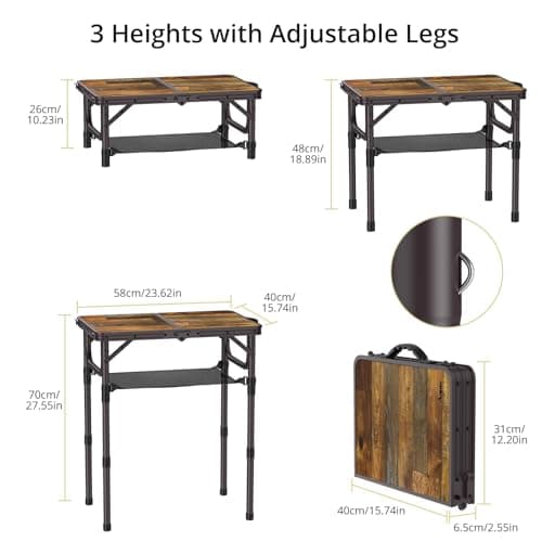 Anbte 2ft Camping Table Foldable with Storage Net, 3 Adjustable Heights 27.5" Aluminum Small Portable Table With Carrying Handle, For Outdoor Indoor Picnic Beach Party Travel, 24" X 16", Brown — view 3