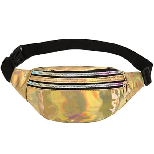GWAWG Metallic Fanny Pack with Adjustable Strap, 3 Compartments, Waterproof Stylish Waist Bag in Multi Laser Flash Colors, Perfect for Everyday Use Party Carnivals Unisex Accessory