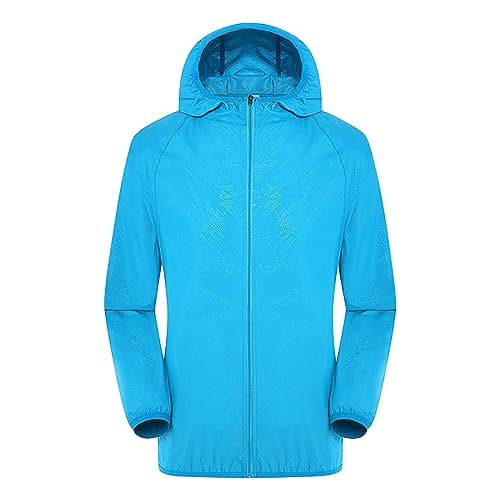 Women Solid Rain Jacket Outdoor Plus Size Hooded Windproof Loose Coat Water Proof Cuff Storage Bag Womens plus Size Faux Leather Coat (Sky Blue, XL)