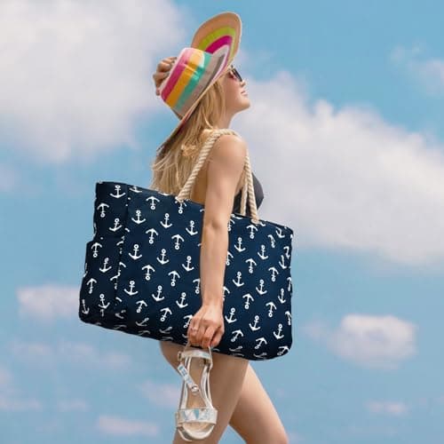 oscaurt Waterproof Beach Bag Large Beach Tote Bag with zip Travel Essential for Swimming Shopping Gym Vacation Lightweight Shoulder Handbags Carryall — view 2