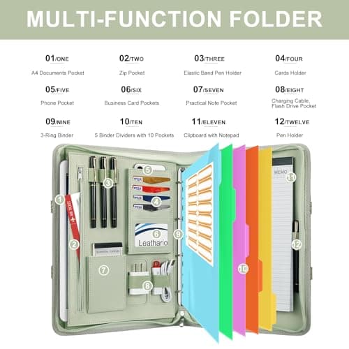 Leathario Portfolio Folder A4, Vegan Leather Conference Folder with Handle, 4-Ring Travel Document Holder with 5 5-Part File Dividers, Multi-Pocket Document Folder Organiser, Office Supplies — view 4