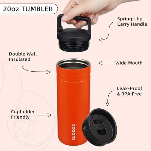 BJPKPK Insulated Water Bottle with 2 Lids,600ml Double Wall Stainless Steel Vacuum Tumbler Travel Coffee Mug,Wide Mouth Thermal Cup,Orange — view 3