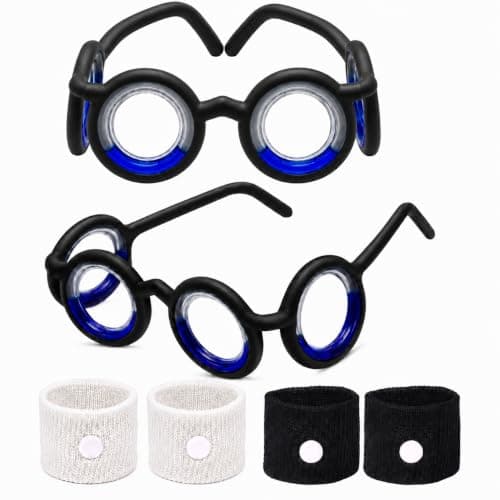 PCIQUTE Motion Sickness Glasses for Adults - 2 Pack Black Anti Nausea Travel Glasses with 2 Pairs Sickness Bands (1 Black + 1 White), Foldable Seasickness Car Sickness Relief for Travel, Plane, Boat