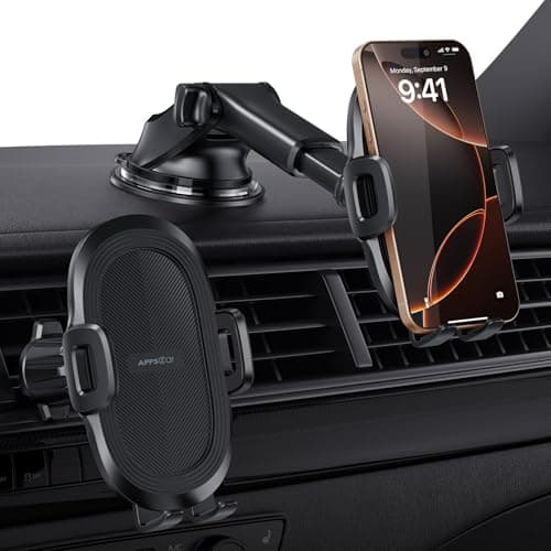 APPS2Car Car Phone Holder, Dashboard Windscreen Sturdy Suction Cup Mount, 360° Universal Holder forCompatible 4.7-6.8“ iPhone12/11/Pro, Samsung S21 and More (Suction + Hook Vent)
