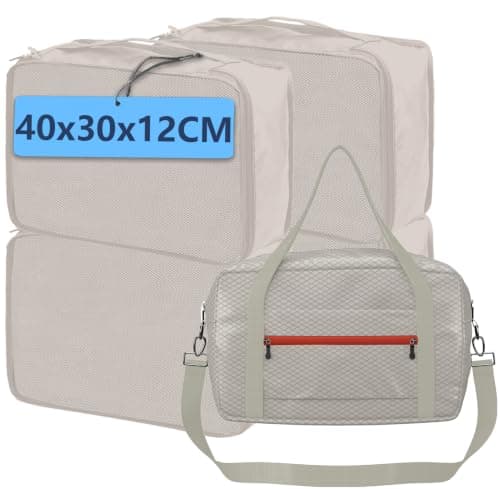 Large Packing Cubes 5 PCS, 40x30x12CM Suitcase Organiser Bags With Foldable 40x20x25 Carry On Travel Bag, Mesh Packing Cubes For Suitcases Travel Storage Set (Greige, 5 x L)