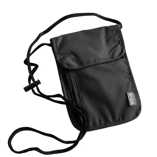Quelcc Travel Neck Wallet with RFID Blocking, Black Travel Wallet with Adjustable Neck Strap, Travel Document Holder Organiser Bag for Women and Men