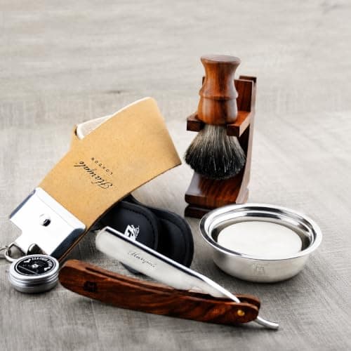 Haryali London, 7Pcs Wooden Straight Razor Shaving Kit for Men – Complete Wet Shaving Set with Leather Strop, Shaving Brush, Shaving Soap, Shaving Bowl, Paste & Stand – Mens Grooming Gift Set