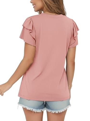 Cuptacc Womens Tops Summer Ladies T-Shirts Elegant V Neck Daily Coral M — view 4