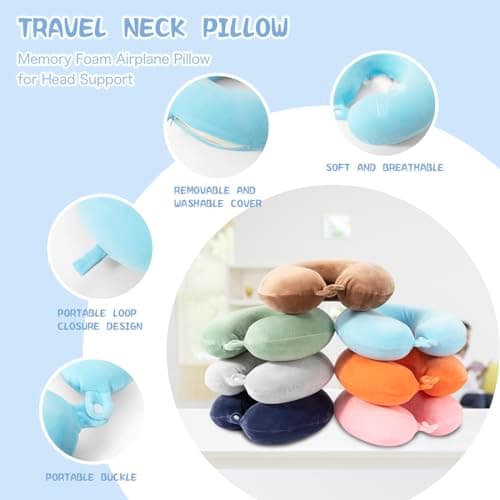WENGX Travel Pillow Neck Pillow Memory Foam Travel Pillows Head Support Cushion for Airplane Train Car Office Travel Essential Flight Pillows for a Long Hauls Sleeping Rest (Pale Blue) — view 4