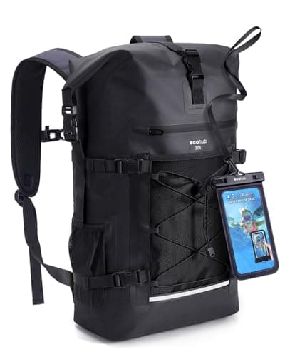 ECOHUB Waterproof Dry Bag Backpack, Roll Top Closure Heavy Duty Waterproof Backpack, Dry Bag Rucksack with IPX8 Waterproof Phone Case for Hiking, Kayaking, Boating, Camping, Fishing, 30L-Black