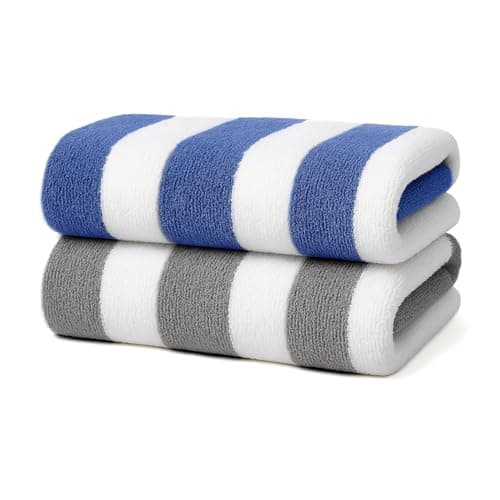 Velosso 2 Pack Cabana Stripe Large Beach Towels, 100% Cotton (Blue & Grey)