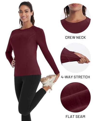 Runhit Thermal Tops Womens Long Sleeve Fleece Lined Compression Shirt Soft Warm Base Layer Moisture Wicking Sports Underwear for Ski, Running Gym Workout Burgundy L — view 4