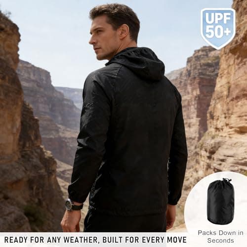ADUDVLO Men's Lightweight Waterproof Jacket with Pockets, Packable Hooded Windproof Rain Jacket for Travel, Running & Hiking – Includes Carry Pouch (UK, Alpha, M, Regular, Regular, Black) — view 6
