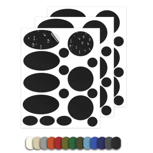 Skystuff Self-Adhesive Nylon Patches for Clothing & Tent Repair Kit – 48PCS Waterproof Ripstop Fabric Repair Tape for Down Jacket, Puffer Coat, Sleeping Bag, Backpack, Outdoor Gear Fix, Black