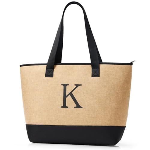 KALIDI Initial Personalized Gifts for Women Tote Bag with Zipper Beach Bags Woven Bags Work Bags for Women Friends Mom on Birthday Christmas,Beach,Holiday,Wedding