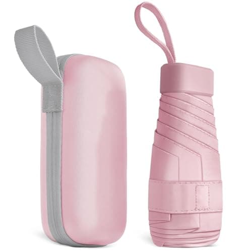Aolso Travel Umbrella, 6 Ribs Mini Folding UV Sun Rain Windproof Umbrella with Capsule Case for Men Women (Pink)