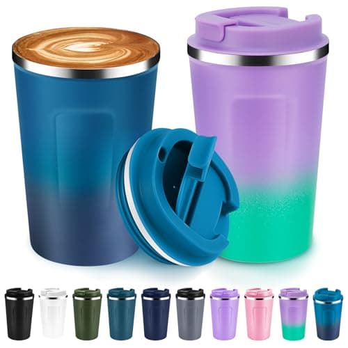 Volhoply 360ml 12oz Double Wall Insulated Vacuum Travel Coffee Mugs with Flip Lid Bulk 2 Pack,Reusable Stainless Steel Leak Proof Coffee Cup,Cafe Thermal Tumbler for Hot & Cold Drinks(Mix,2 Set)