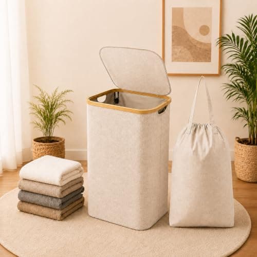 Bamboo Laundry Basket, Removable Bag, Foldable Clothes Hamper, Beige, 55L — view 6