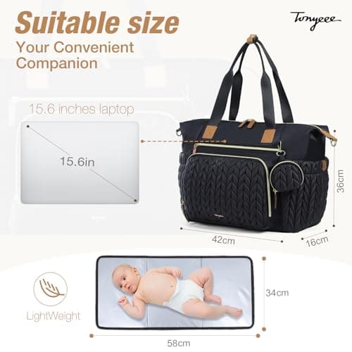 Tonyeee Baby Changing Bag Tote, Large Nappy Diaper Tote Bag for Mum Dad, Travel Baby Bag with Changing Mat, Pacifier Case, Insulated Bottle Pocket, Black — view 5