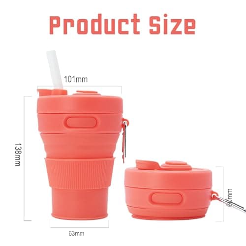 MORAINJAY Collapsible Coffee Cup with Lids,15oz/450ml Orange Silicone Portable Reusable Coffee Mug,Foldable Camping Travel Cup Fits in Your Pocket(Collapses to 6cm) — view 2