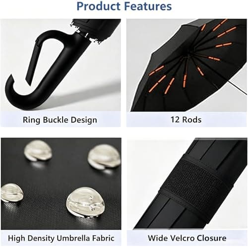 Sumlly Umbrella with Hook Handle, Compact 12 Ribs Umbrella Women Men,Black — view 5
