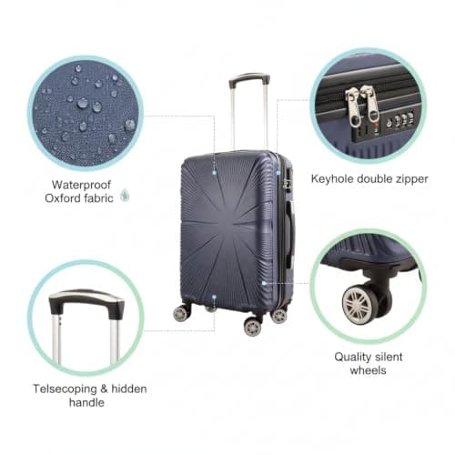 53X38X22CM Cabin Suitcase 4 Wheel Hardshell Expandable Luggage Case Hand Carry On ABS (T-HC-CABIN-2029) (Navy) — view 3