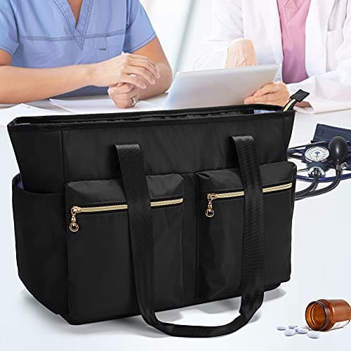 Damero Nurse Tote, Nurse Work Bag with Laptop Sleeve and Pockets, Black — view 3