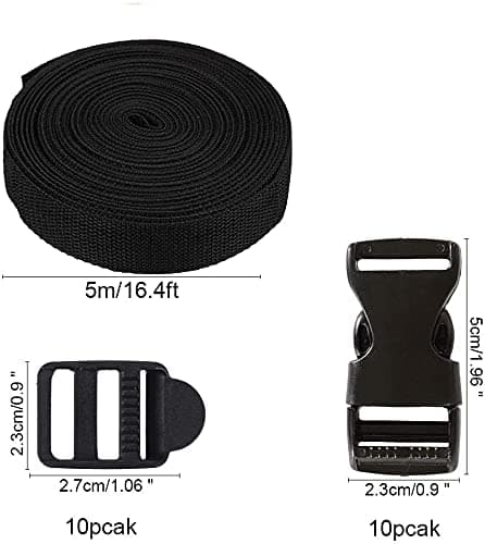RUNCCI-YUN 20mm Quick Release Buckles and Black Nylon Webbing Strap for Bags Making, with 5m Webbing Strap,10 Flat Shape Buckles and Tri-Glide Slides for Making Luggage Strap, Pet Collar, Backpack — view 2
