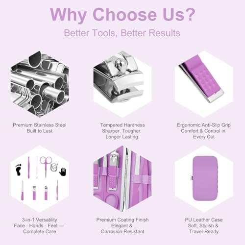 ALIIP Manicure Set 7-Piece Professional Nail Clipper Set with Leather Case, Portable Travel Nail Care Kit for Women, Stainless Steel Nail Grooming Kit for Home & Gifts,Purple — view 5