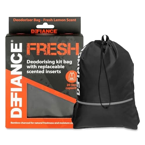 Defiance Fresh Deodorising Kit Bag – As Seen on Dragons' Den, Large 20L Capacity, Bamboo Charcoal Odour Eliminator, Fresh Lemon Scent, Moisture Control,Adjustable Backpack for Sports Gear,Gym Clothes