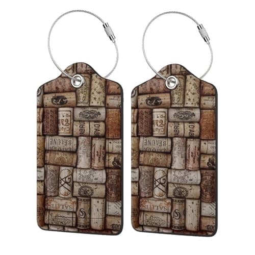 WKSGDSG Leather Luggage Tags 2 Pack, Wine Cork Suitcase Label with Stainless Steel Rings, Waterproof Scratch-Resistant Travel Id Tags for Suitcases, 11.6x7.3 Cm