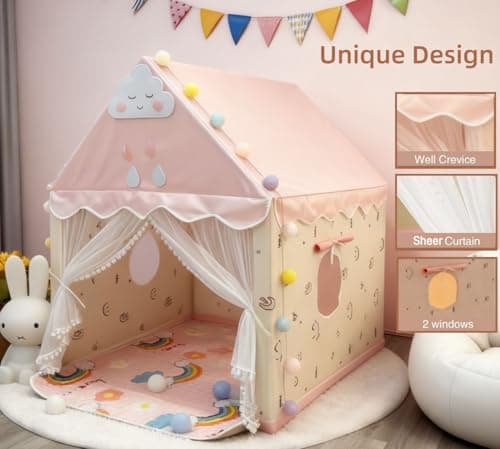 Kids Tent Play House with Lights, Kids Play Tent with Multi-Coloured Ball Lights & Tote Bag & Flags & Clouds, Indoor Outdoor Princess Tents Toddlers Playhouse for Girls Boys Birthday Gifts(Pink) — view 4