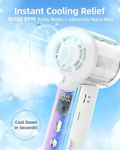 4-in-1 portable spray handheld fan,Extra-large battery USB rechargeable spray fan,Adjustable 1-100 Speed,mini fan,foldable personal fan,LED display,for Travel/makeup/Outdoor/Camping/concert(White) — view 2