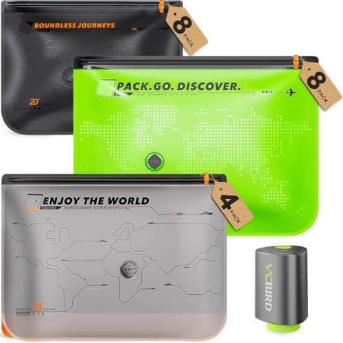 Vacbird Vacuum Storage Bags with Rechargeable Pump for Travel, 20 Pack