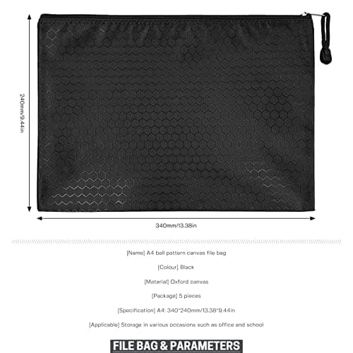 Bailinks A4 Size File Bags with Zipper,5PCS Black File Folders Waterproof Canvas Document Storage Pouch for School Business Office Stationery Document, Magazine,Travel Accessories Organizer — view 2