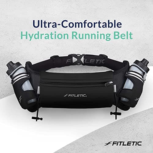 Fitletic Hydration Running Belt with Water Bottles (2x 250ml) Bum Bag with Adjustable Strap and Running Gels Holder Ideal Waist Bag for Outdoor Activities Phone Holder for Men and Women (L/XL) (Black) — view 5
