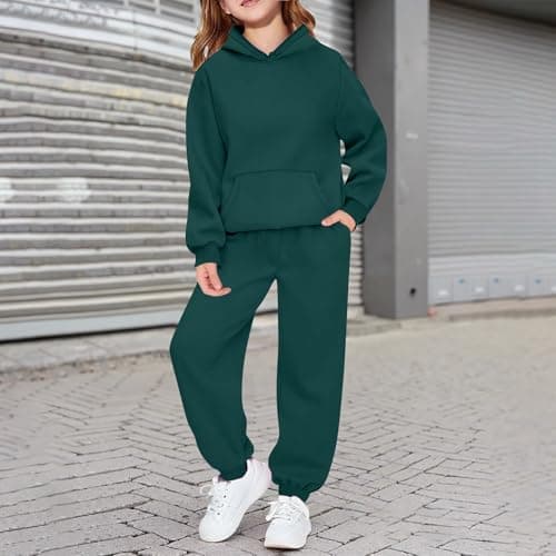 Kids Tracksuit Full Set 2 Piece Sport Outfit Boys Girls Long Sleeve Hoodie Sweatshirts and Loose Sweatpants Bottom Jogging Pants Activewear Track Suit (Blackish Green, 6-7 Years) — view 3