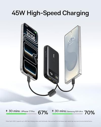 Baseus FC11 Power Bank 45W 20000mAh Portable Charger with Dual Built-in Cable, CCC Small Power Bank With Smart Display, Retractable Cable, Battery Pack for iPhone 17/16, iPad, Laptop, Samsung, Pixel — view 3