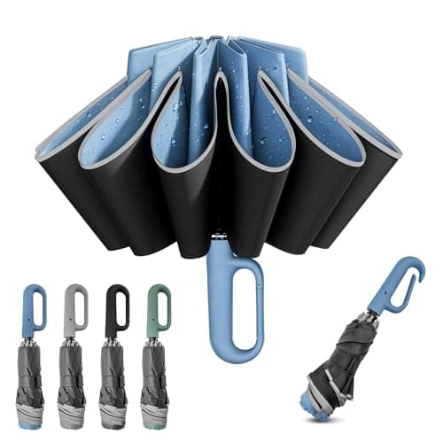 M.J COMFY-LIFE Compact Reverse Folding Umbrella with Ergonomic Carabiner Handle – Travel Umbrella Windproof & Waterproof, Auto Open/Close, Strong 10-Rib Frame, Portable Folding Umbrella (Blue)