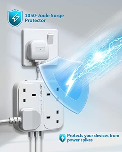 JSVER Plug Extension USB,Extension Lead with 4 USB Slots(3 USBA+1 USB C) Power Socket with 4 Way 4 USB Charging Station(17W) Power Strip Surge Protection for Home Travel,White — view 4