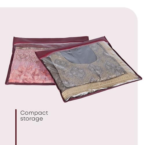 Fineway 20 Pack Saree Storage Bags with Zip – Space saving Clear Zip Bag, Clothes Bag Organiser for Sarees, Dresses & Clothes – Moisture-Resistant Saree Bags Clothing Storage (Maroon, 42x35cm) — view 5