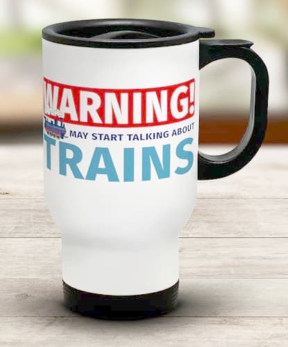Shopagift Trains Travel Mug Warning May Start Talking About Trains Stainless Steel 14oz Cup — view 2