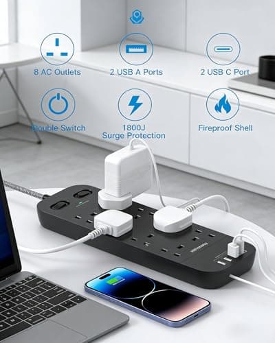 Black Extension Lead, 8 Way Outlets Power Strip with 4 USB Slots (2 USBC) — view 2
