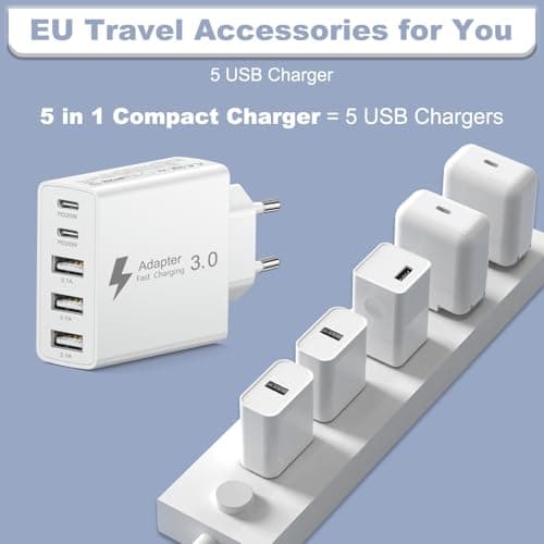 EU Travel Adapter Charger, European Plug Adapter Fast Charging with 2 USB C&3 USB A, 50W European Wall Adaptor Eu Adaptor Plug Fast Charger Compatible with iPhone 17 16 15 14 13 12, Samsung Galaxy S25 — view 6