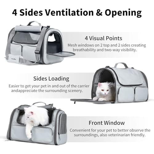 FUKUMARU Cat Carrier, Soft-Sided Small Dog Carrier, Large Cat Travel Bag with 4 Mesh Windows, Airline Approved Pet Carrier with 4 Storage Pockets, Rollable Cover for Nervous Pets, Grey — view 4