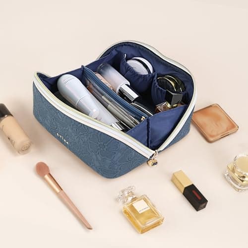 Prite Travel Makeup Bag Flat Lay Cosmetic Case with Brush Pocket, Blue, M — view 5